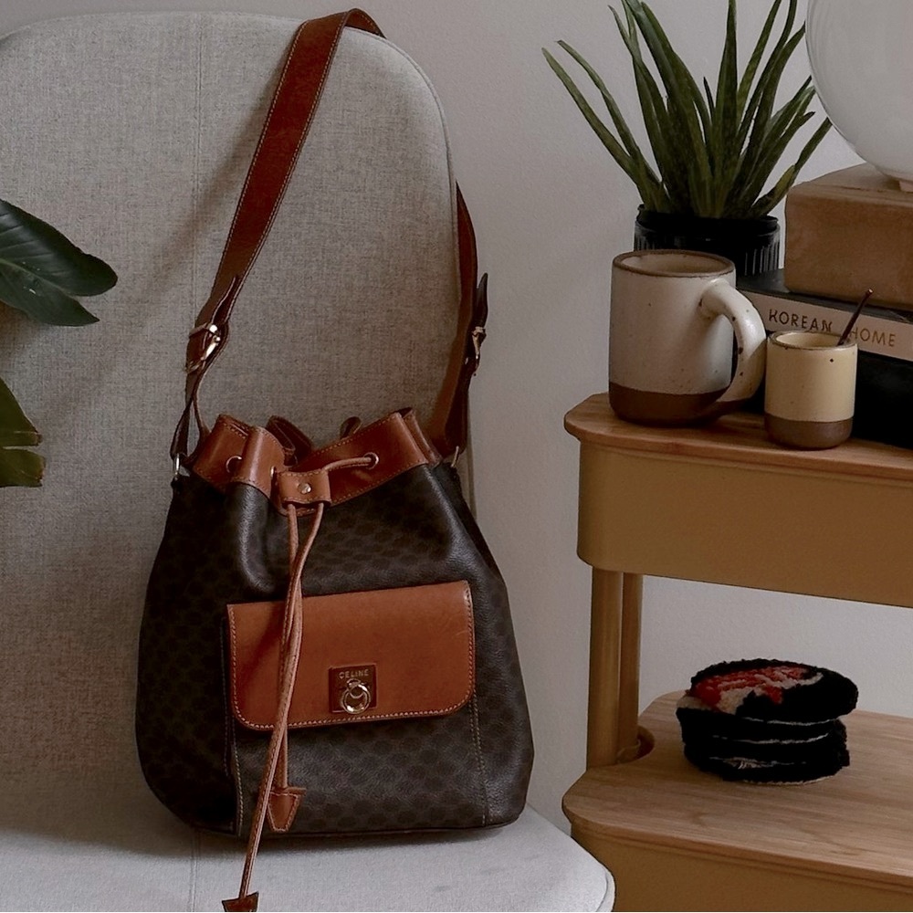 RARE Vintage Celine logo triumph leather drawstring bucket bag